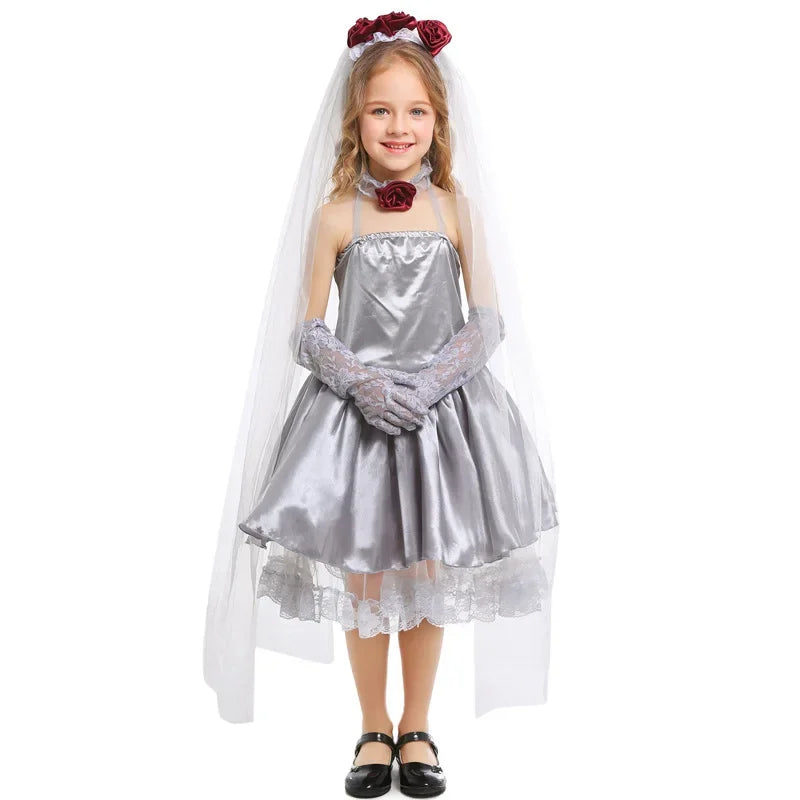 Girls Silver Gray Corpse Bride Cosplay Costume Angel Dress Kids Halloween Party Carnival Costume Fancy Dress