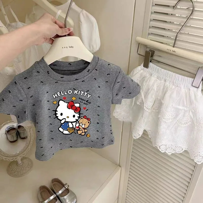 2025 Hello Kitty Anime Kawaii Sanrio Ins Fashion Summer Shirt Cute Printed Kt Cat Casual Hoodie Clothes Baby Gifts Toys