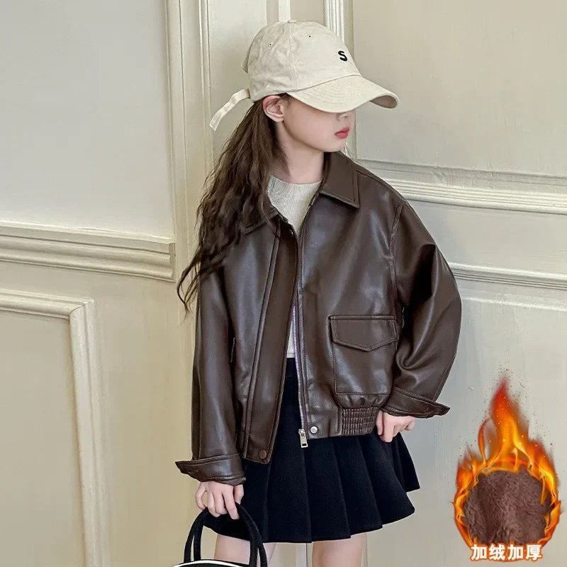 2025 autumn spring Girls Leather Jacket PU Fashion Casual Windproof Teenager Kids Coats Brown Trendy Outerwear 8 12 13 14 Years