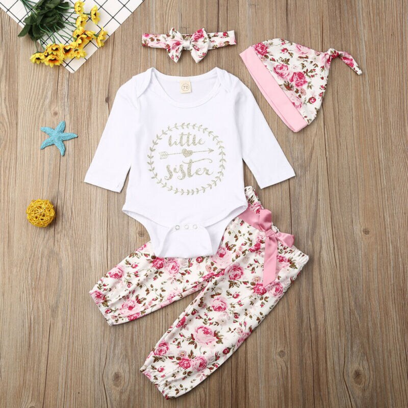 4PCS Kid Baby Girl Clothes Sets Letter Long Sleeve