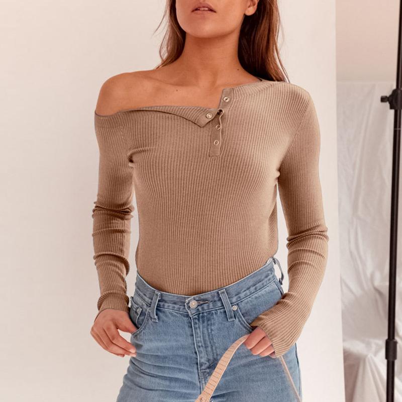 Off shoulder knitted top Women sexy long sleeve button