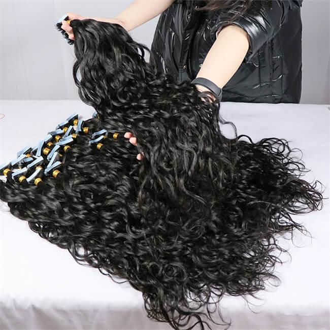 Premium #1B Natural Black Water Wave Tape-In Hair Extensions | 100%