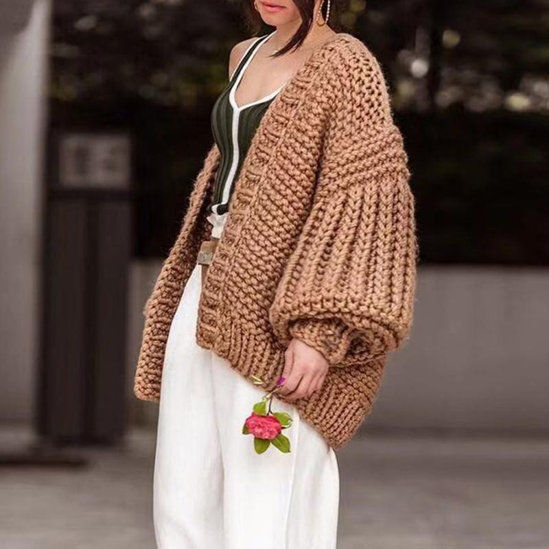 Long lantern sleeve black knitted cardigan Women loose sexy