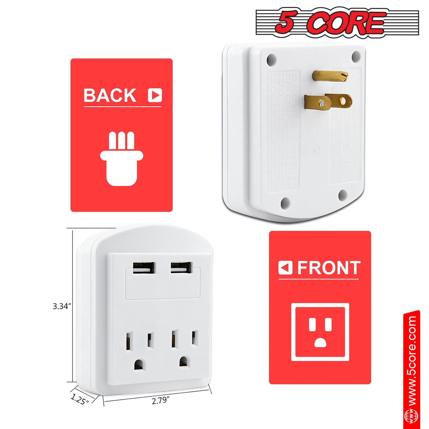 5 Core Travel Plug Adapter European International Power Plug w/ 2 USB,