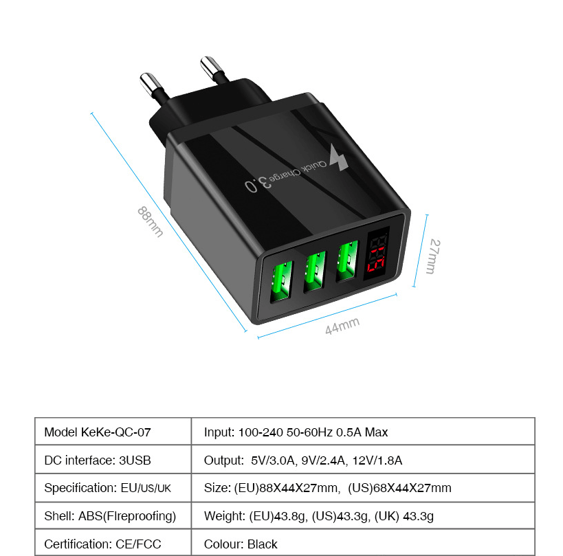 3-Port 2 pack USB Quick Wall Charger with LED Voltage Display - Safe &