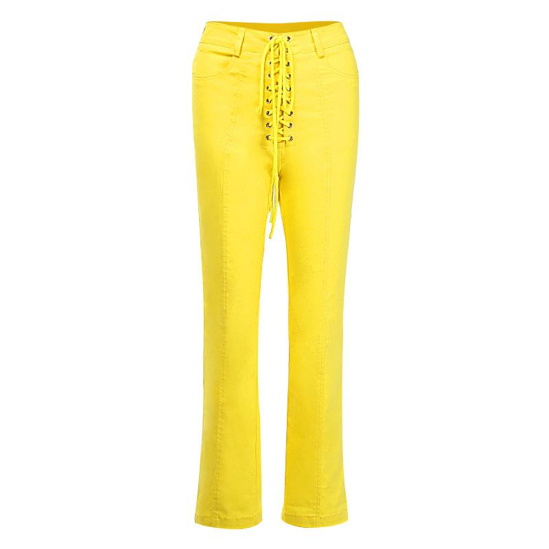 Lace up bodycon long pants autumn winter 2019 yellow sexy