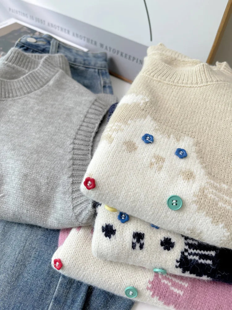 Korean Cute Cat Knitted Sweater Vest For Women 2025 New Colorful Buttons Round Neck Knitwear Loose Casual Versatile Pullovers