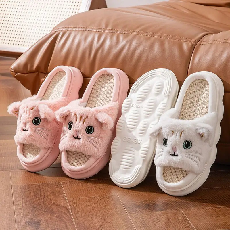 Open Toe Plush Shoes for Women Men Couples Cat Slippers Cute Stereoscopic Kitten Shoes Breathable Linen Slipper