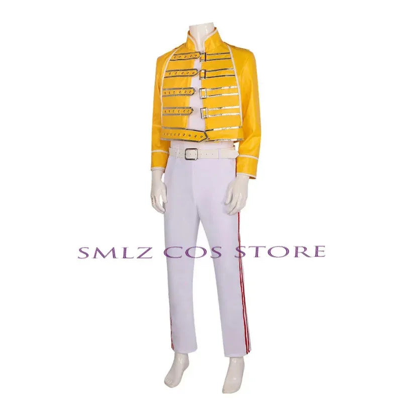 silisili ACos Freddie Mercury Cosplay Aniem Queen Lead Vocals Costume Yellow Coat Uniform Suit Halloween Party Perfo 2025 ☆ New