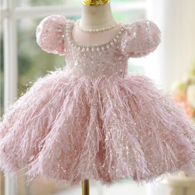Fashion Baby Girl Princess Sequins Feather Dress Puffy Sleeve Toddler Child Pearl Vestido Party Birthday Baby Clothes 2-14Y
