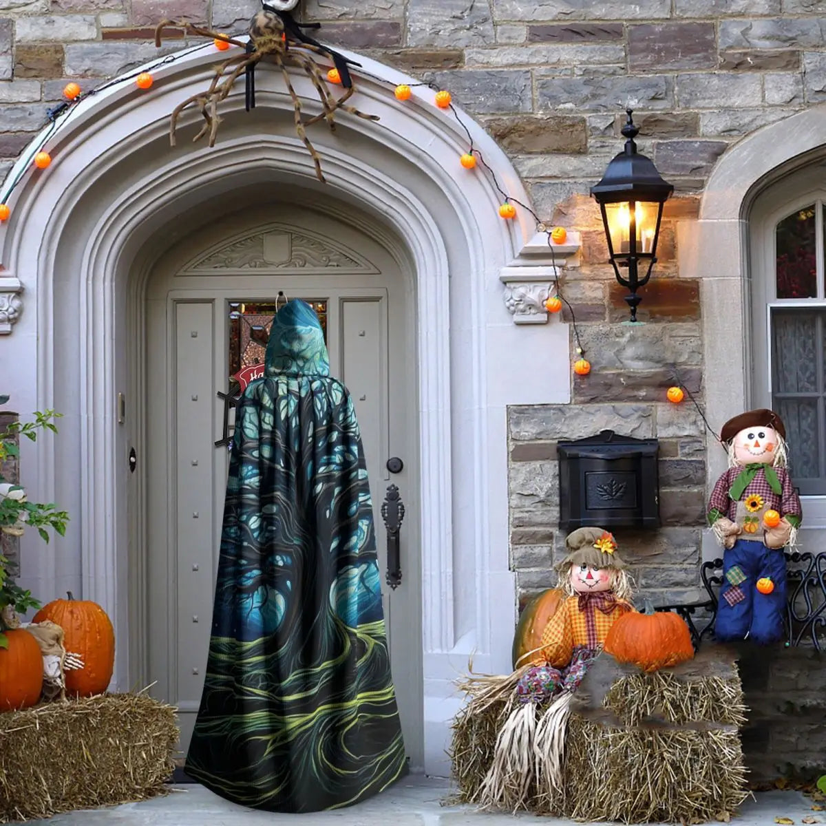 Magic Green Tree  Long Hooded Cloak Witch Medieval Costume Cosplay Cape HalloweenParty Adult Unisex