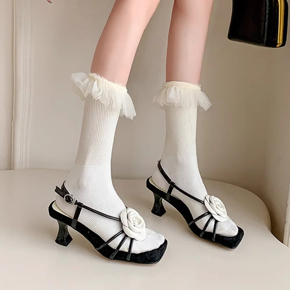 Camllia Decoration Cross Tied Sandals Sexy Square Toe Thin Heel Slingback Ankle Warp New Arrivals Fashion Womne Modern Shoes