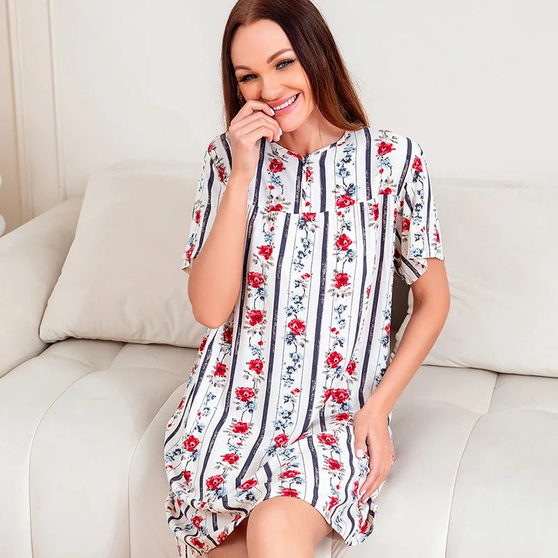 2025 New Night Dress Woman Viscose Lingerie Nightwear Women Neck Sleepwear Sexy Print Home Dressing Gown Summer Outwear