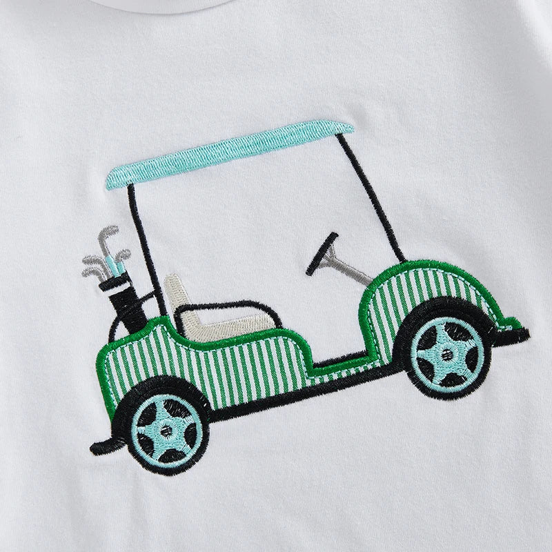 Kids Boys Shorts Set, Short Sleeve Embroidery Golf Cart T-shirt with Striped Shorts Toddler Set Summer Outfit
