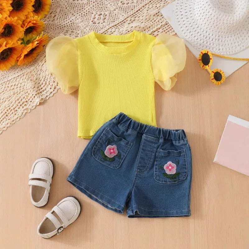 2025 Summer New Mesh Puffy Sleeve T-Shirt + Embroidered Denim Shorts 2 Piece Girl's Set