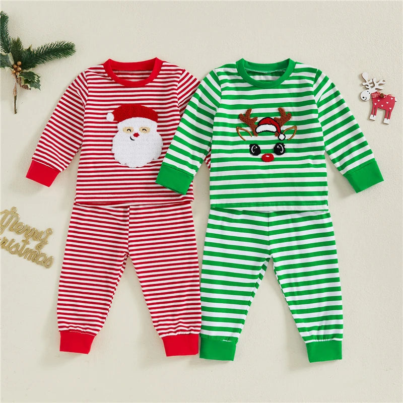 Baby Girl Boy Christmas 2pcs Outfit Striped Santa Embroidered Sweatshirt  Pants Set Toddler Clothes