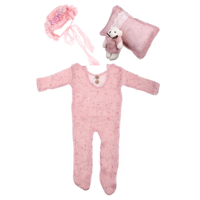 4 Pcs/Set Baby Clothes Newborn Photography Props Baby Romper Jumpsuit Hat Pillow Set With Cute Bear Doll Photo Shooting Outfits
