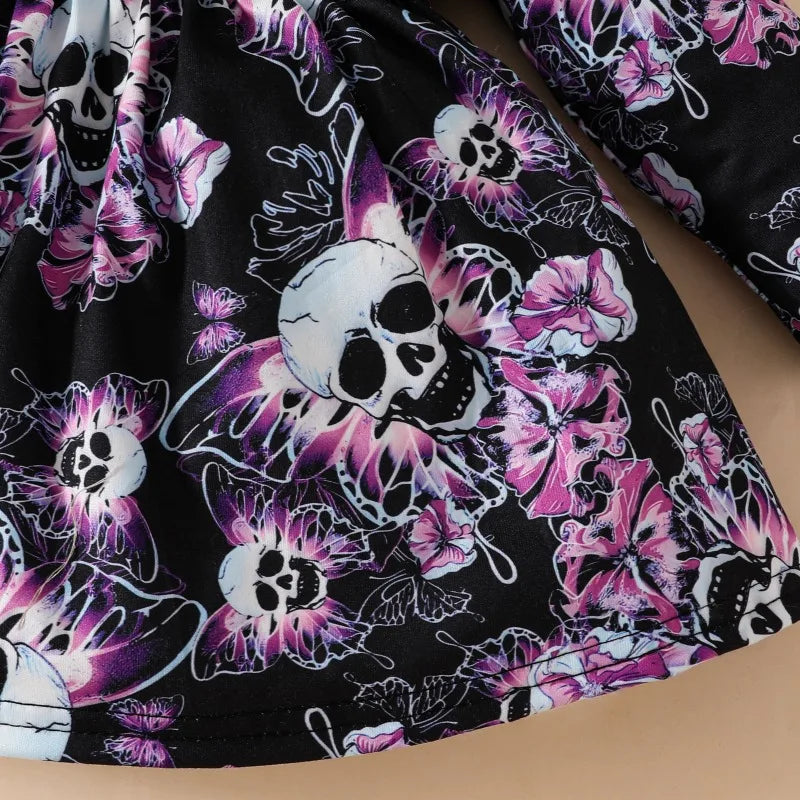 Halloween Children Costume Cute  Girl  Dress Long Sleeve Butterfly Skeleton Print Party Dress Gothic Outfit Baby Girls Clothes
