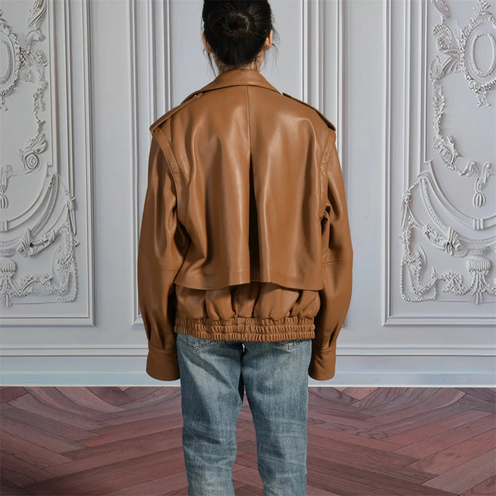 Jaxmonoy Women Sheepskin Jacket Lady Spring Fall Genuine Leather Coat Fashion Removable Sleeves Real Leather Jackets New Arrival