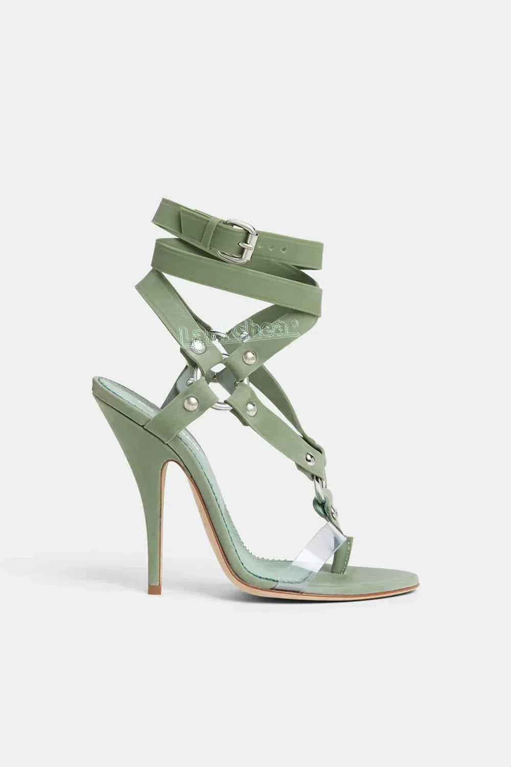 Green T-strap PVC Women Sandals Ankle Lace-up Split-toe Round Open Toe Thin High Heels O-ring Detail Solid Summer Shoes Dress