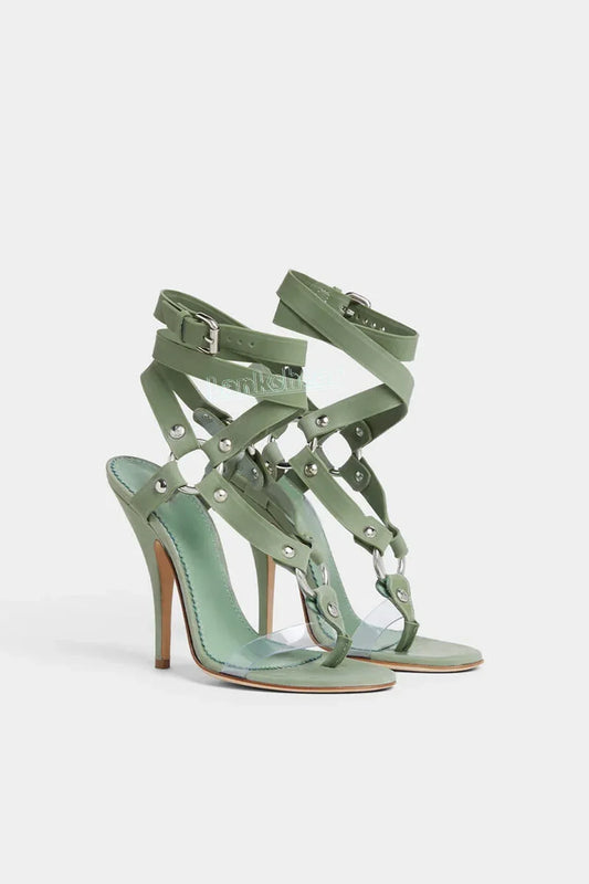 Green T-strap PVC Women Sandals Ankle Lace-up Split-toe Round Open Toe Thin High Heels O-ring Detail Solid Summer Shoes Dress