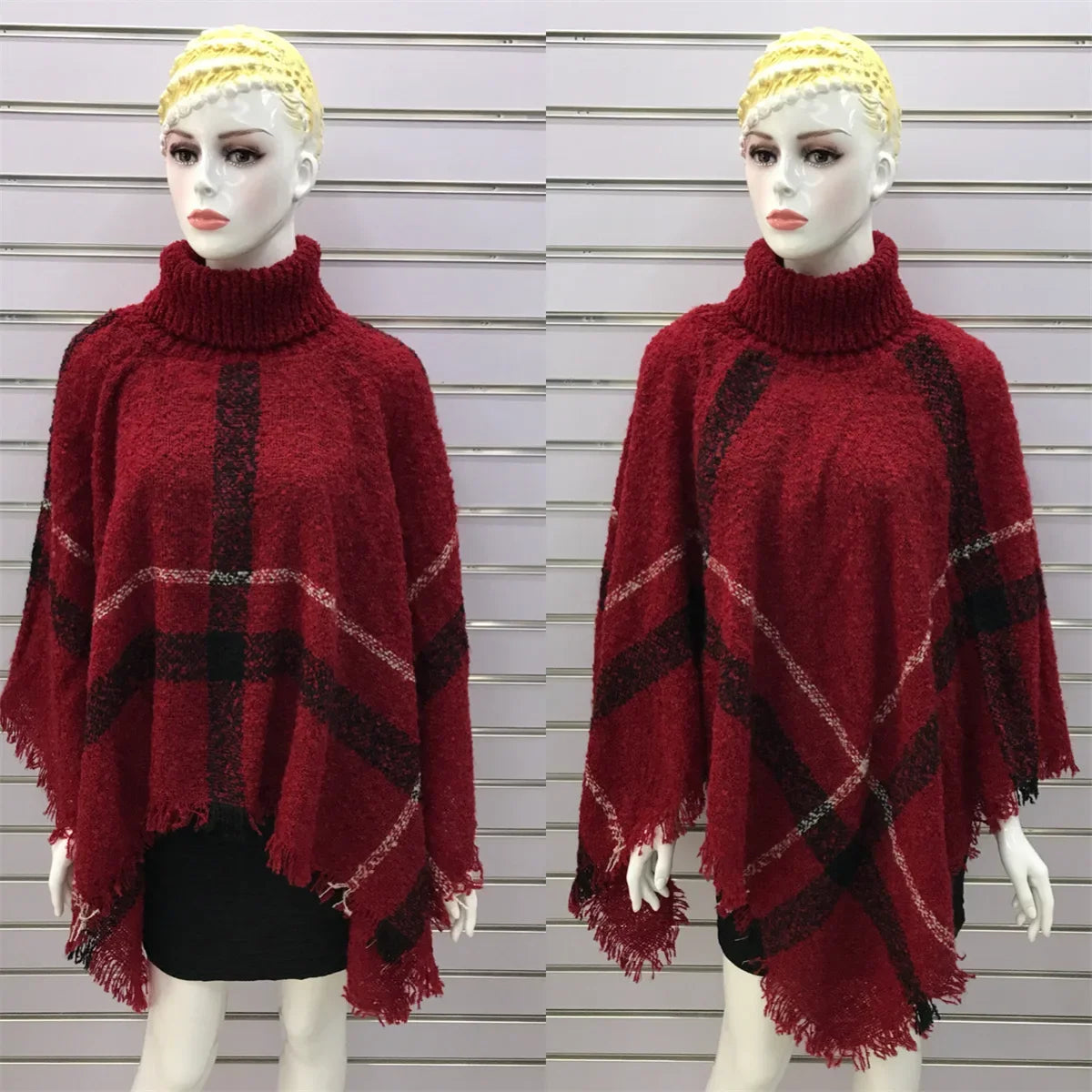 New Women Autumn Winter Striped Knitted Poncho Shawl Sweater Overcoat Streetwear Thick Warm High Neck Loose Knitwear Long Coat