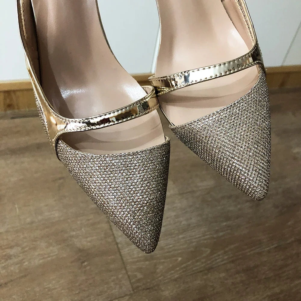 Veowalk 12cm 10cm Gold Glitter Women Sexy D'Orsay High Heels Ladies Bride Wedding Shoes Shiny Sparkle Pointed Toe Stiletto Pumps