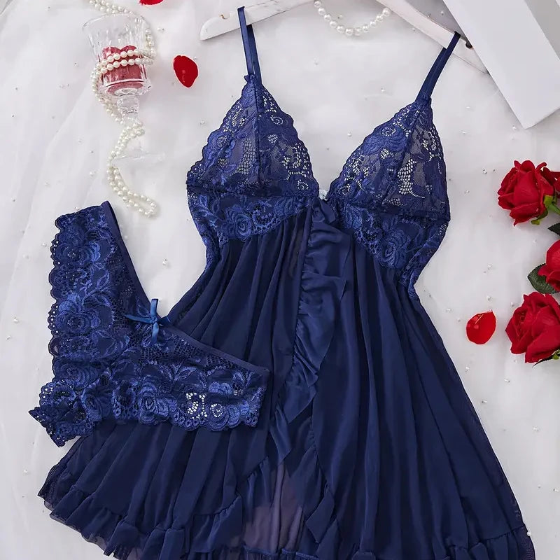 Blue Lace Transparent Deep V Bra Pajamas Sexy Lingerie For Women Babydolls Dress Sleepwear Set Erotic Underwear Exotic Costumes