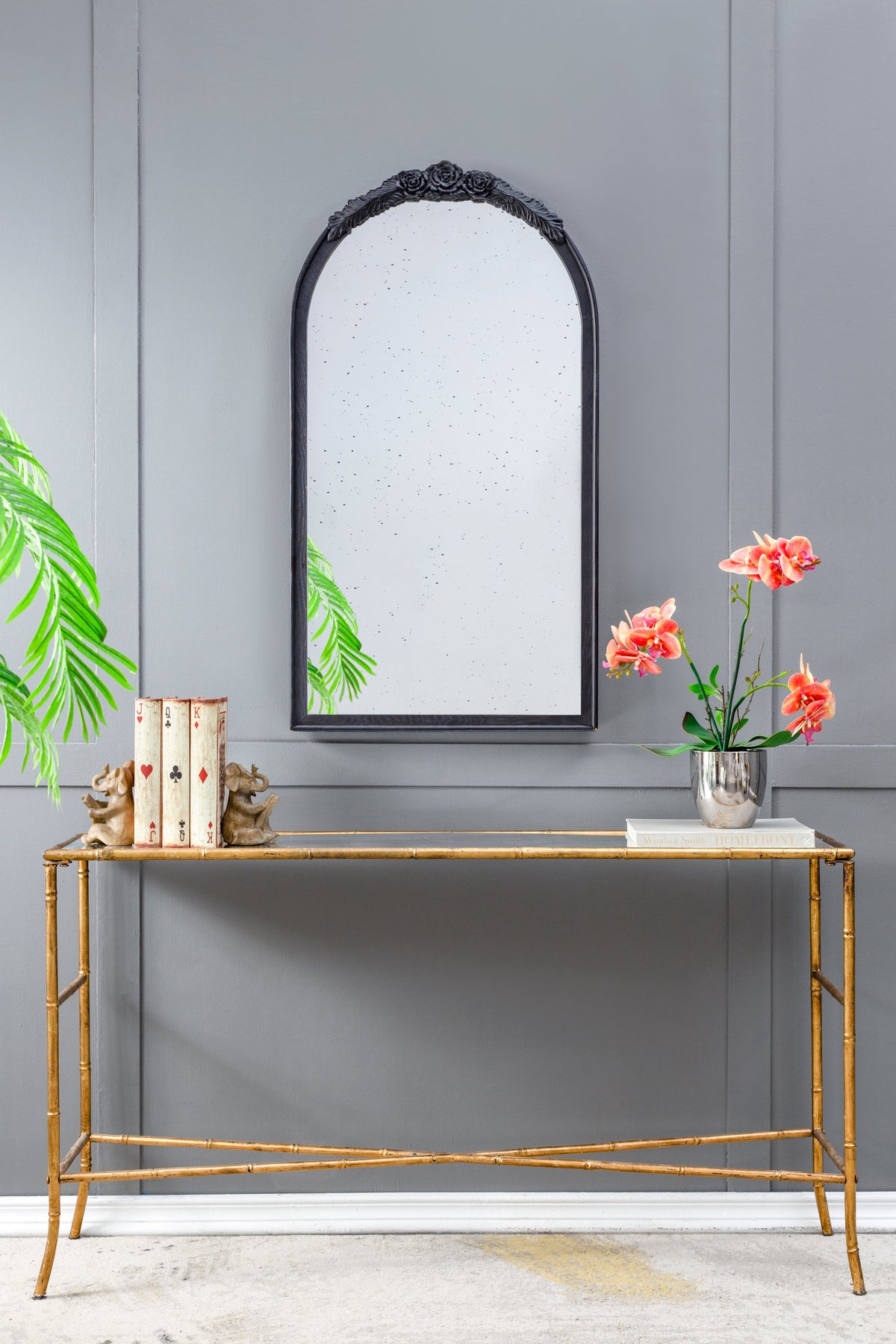 Hand-Carved Rose Arched Wall Mirror, Available in 2 Colors