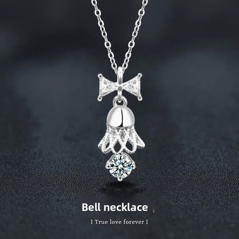 Genuine Moissanite Necklace S925 Sterling Silver Bow Bell Necklace GRA Certified A distinguished Christmas gift for your lover
