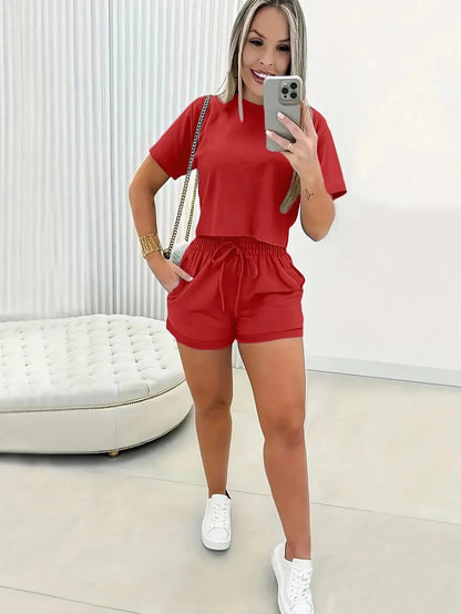 2026 Women's Short-Sleeve Set Brazilian Print T-Shirt Set Crew Neck Retro Streetwear Trendy Clothing Crop Top Sports Set