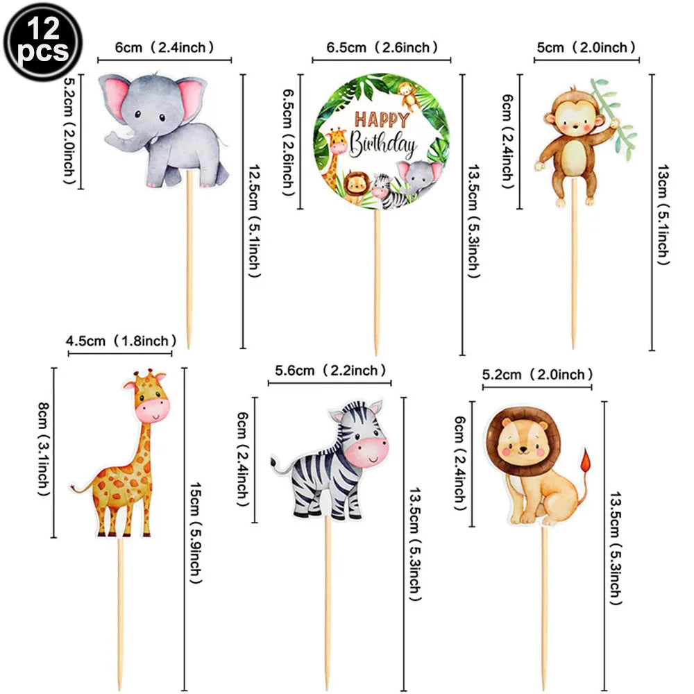 1pcs Jungle Party Cake Topper Safari Animals Figures Toys Picks Wild Jungle Animals Theme Baby Shower Happy Birthday Cake Decor
