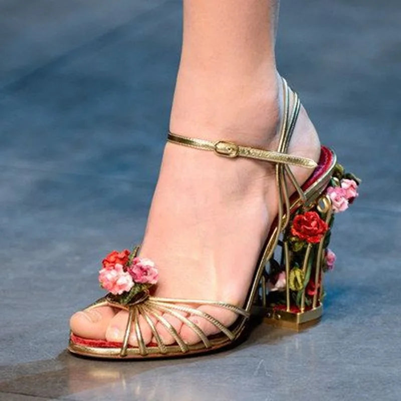 Luxury Bird Cage Women Sandals Gold Metallic Leather Strappy Sandals Floral Flower Ankle Strap Celebrate Bride Party Shoes 8.5cm