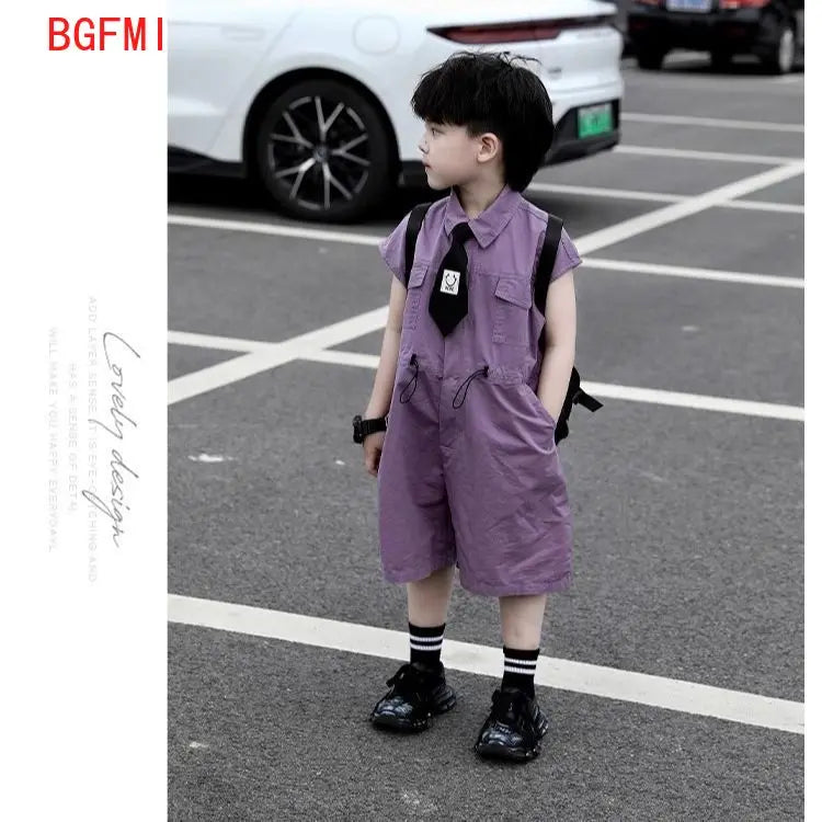 Kids Summer Shorts Overalls Capri Boys Purple Pants and Tie Clothes Boy Baby Jumpsuit 1-10Y Short Sleeved Children's Clothing