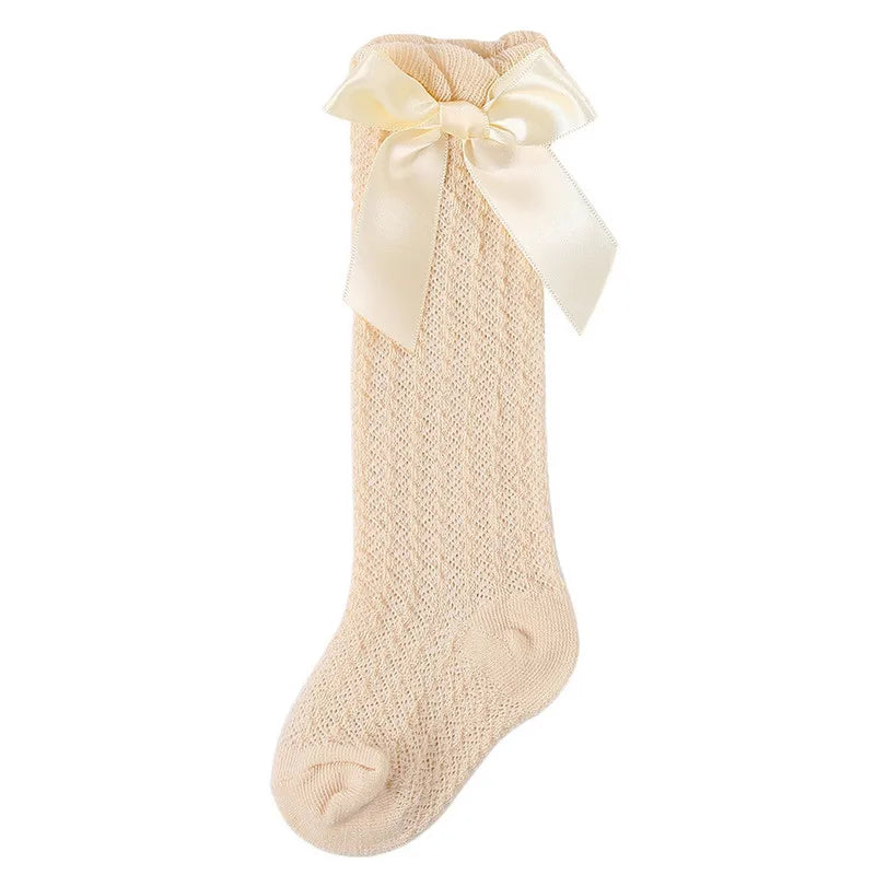 Newborn Baby Girl Knee High Socks Autumn Clothes Long Socks Thin Mesh Stockings with Bow for Infants Baby Items Clothing