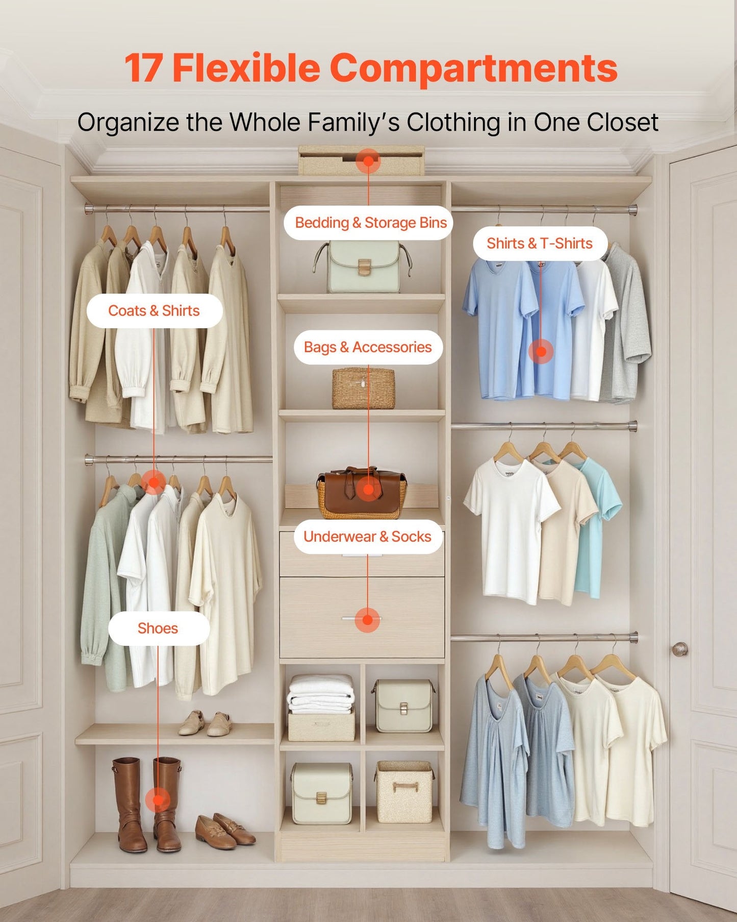 Closet System With 2 Drawers, Adjustable Height Wooden Closet