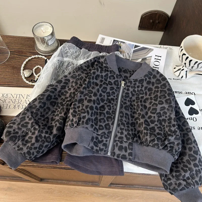 Korean Children Clothing 2025 New Autumn Girls Leopard Print Coat Children Stylish Fart Curtain Lace Flared Pants Two-piece Set