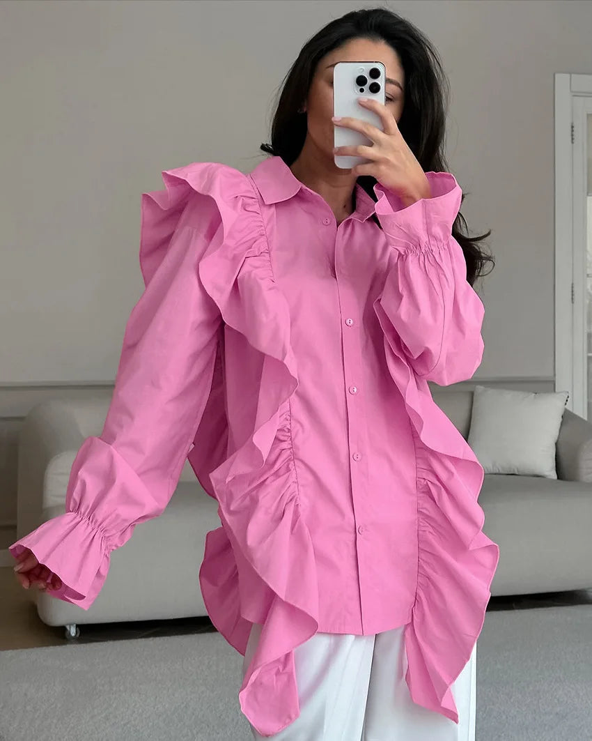 Ruffles Button-Down Shirt Women Summer Fashion Flare Sleeve Loose Shirts Blouses Lady Elegant Casual Tops Streetwear 2025