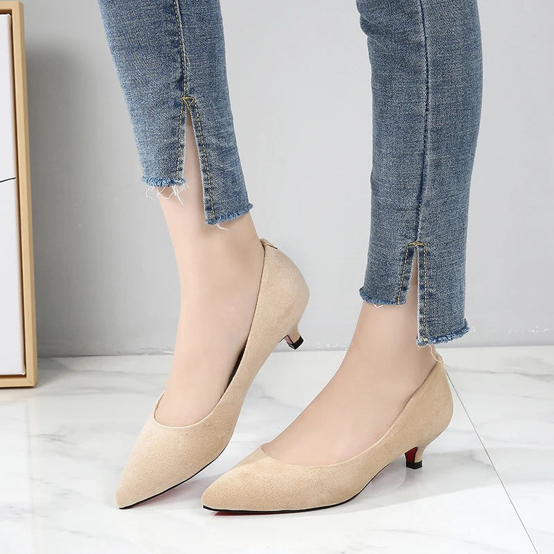 Big Size 34-43 Woman Shoes Flock Med High Heels Women Pumps Stiletto Women's Work Shoes Pointed Toe Wedding Shoes E0004