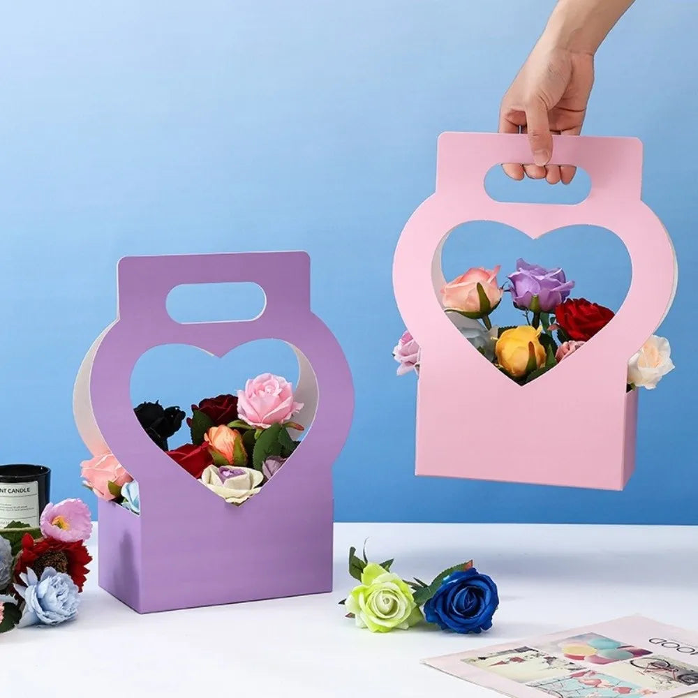 3PCS Heart-Cutout Flower Gift Box Romantic Portable Paper Flower Box With Handle Foldable Floral Wrap Box Floral Arrangements