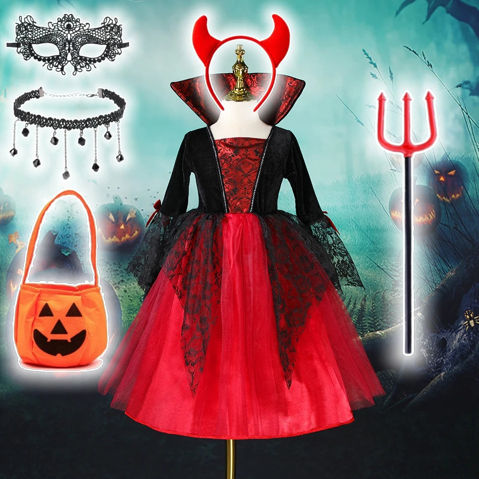 Baby Girls Halloween Witch Costume Children Cosplay Vampire Princess Dresses Kids Dress Up Clothes With Hat Carnival Party Gift