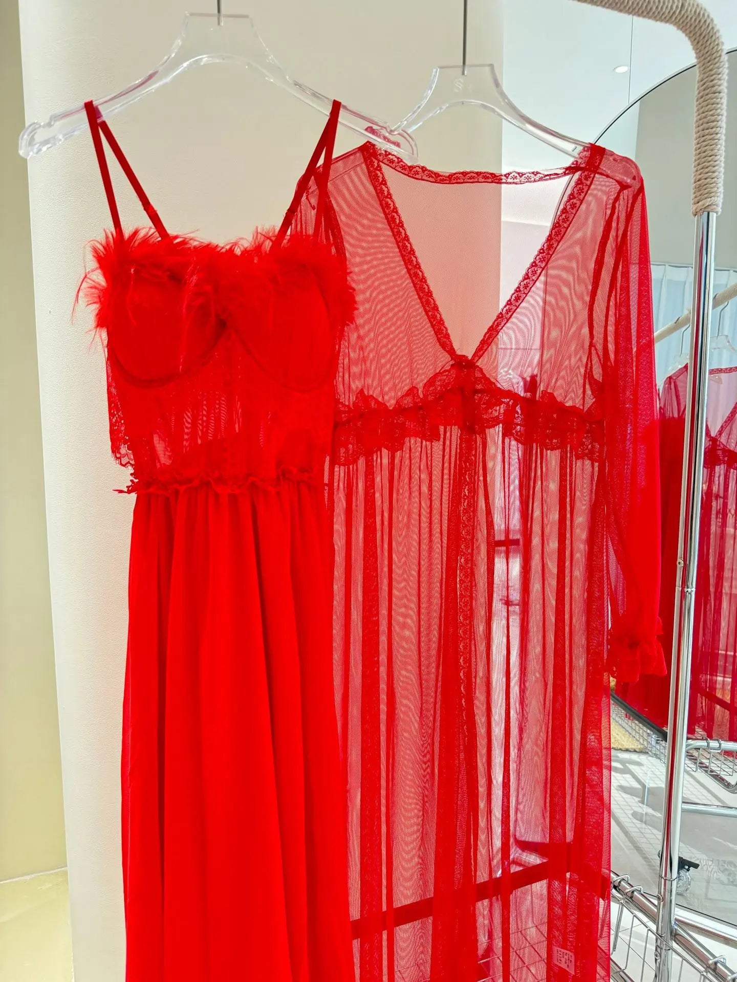 Fairy Wedding Robe Set Bride Morning Dressing Gown Sexy Mesh Perspective Robe Suit 2Pcs Spaghetti Strap Pajamas Lingerie