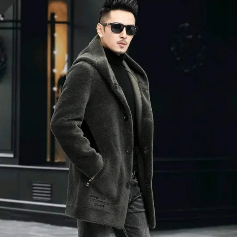 Men Winter Long Casual Thick Fleece Hooded Waterproof Jacket Male Real Fur Wool Coat  Outwear Vintage Clothing   G436