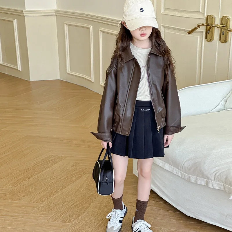 2025 autumn spring Girls Leather Jacket PU Fashion Casual Windproof Teenager Kids Coats Brown Trendy Outerwear 8 12 13 14 Years