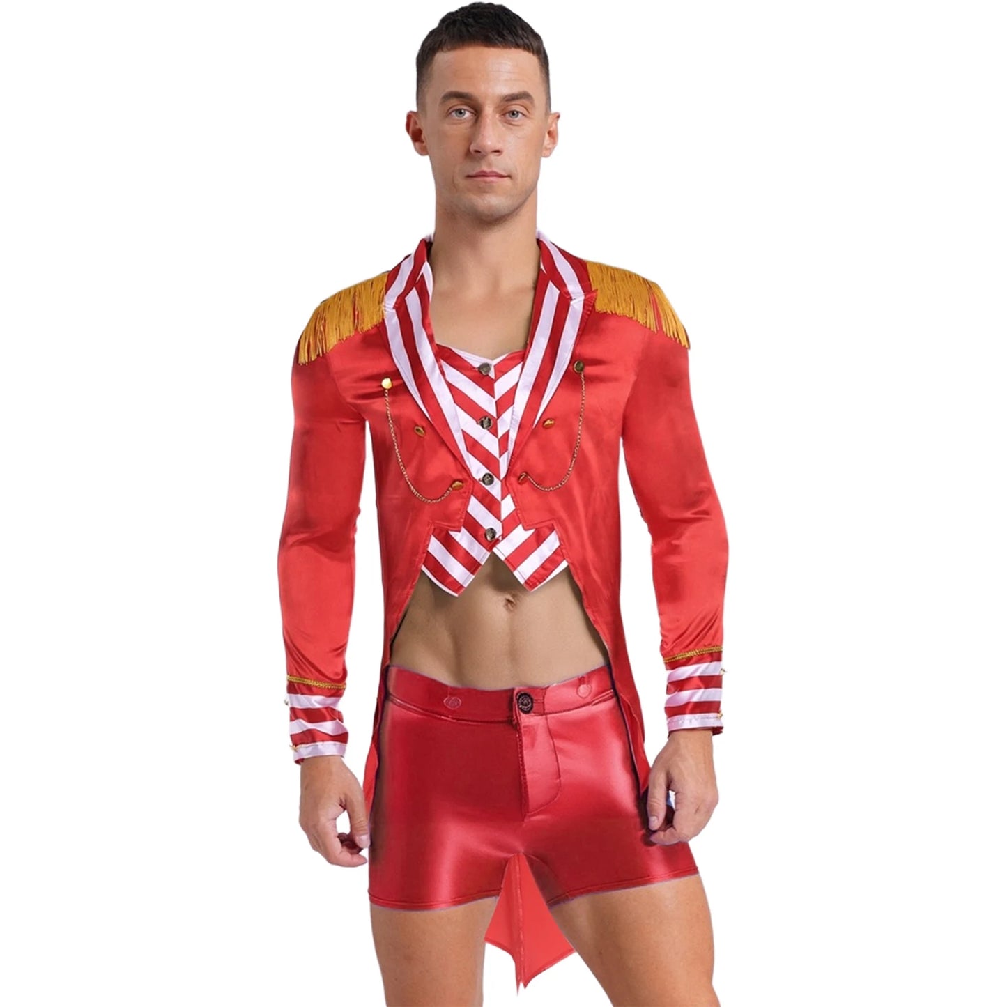 Men Circus Ringmaster Costume Halloween Lion Tamer Tailcoat Lapel Collar Long Sleeves Tassel Epaulets Satin Jacket Tail Coats