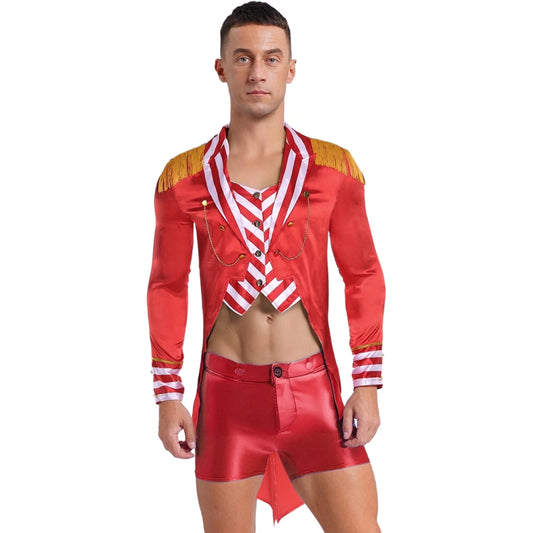 Men Circus Ringmaster Costume Halloween Lion Tamer Tailcoat Lapel Collar Long Sleeves Tassel Epaulets Satin Jacket Tail Coats