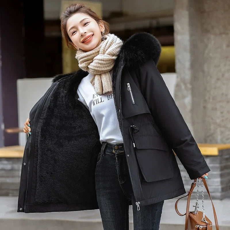 Women Parka Fashion Long Coat Plush Lining Hooded Parkas New Winter Jacket Slim with Fur Collar Warm Snow Wear Padded Clothes