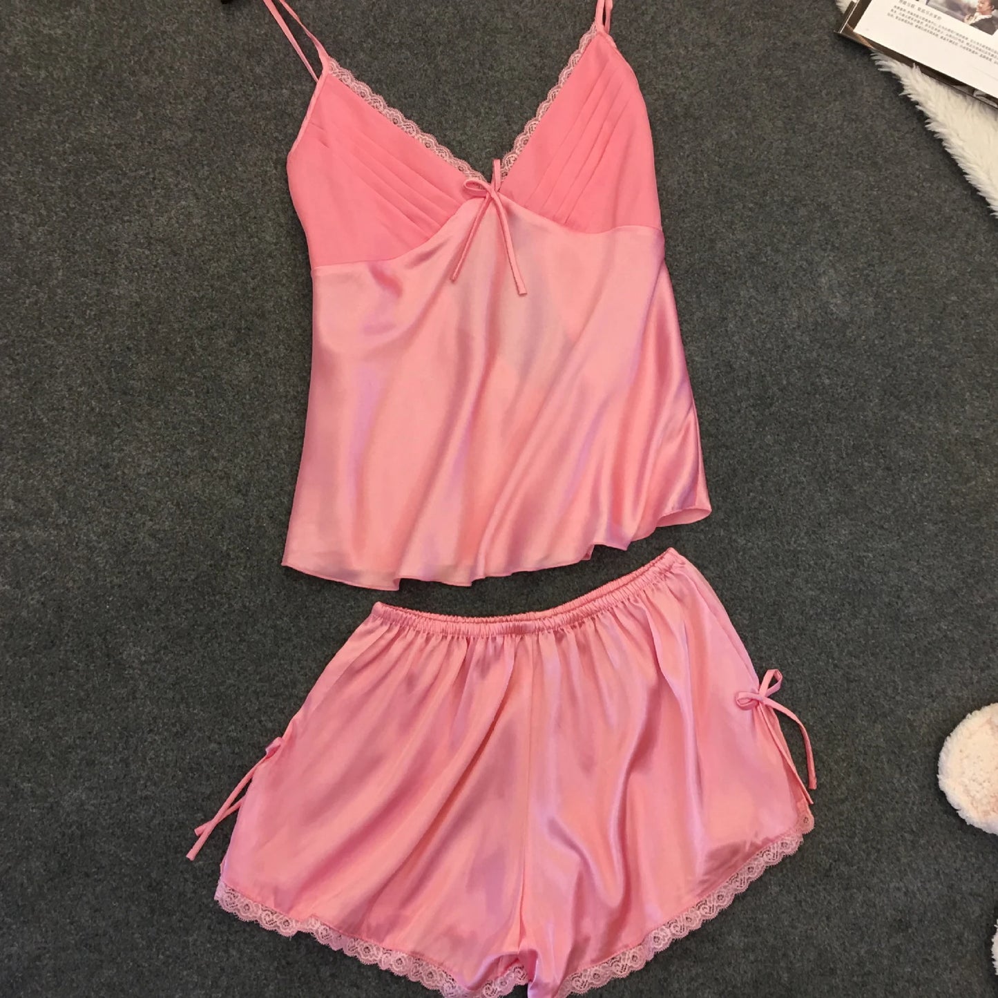 Elegant Champagne Strap Top&shorts Women Sexy Lace Trim Pajamas Suit Satin Nightwear Big Size 3Xl Home Clothes 2Pcs Lingerie