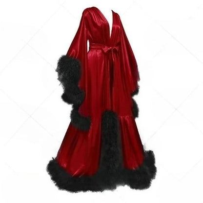 Customized Bathrobe for Women Flare Sleeves Feather Bridal Robe Nightgown Silk Long Wedding Scarf Dress Gown Photography Dress