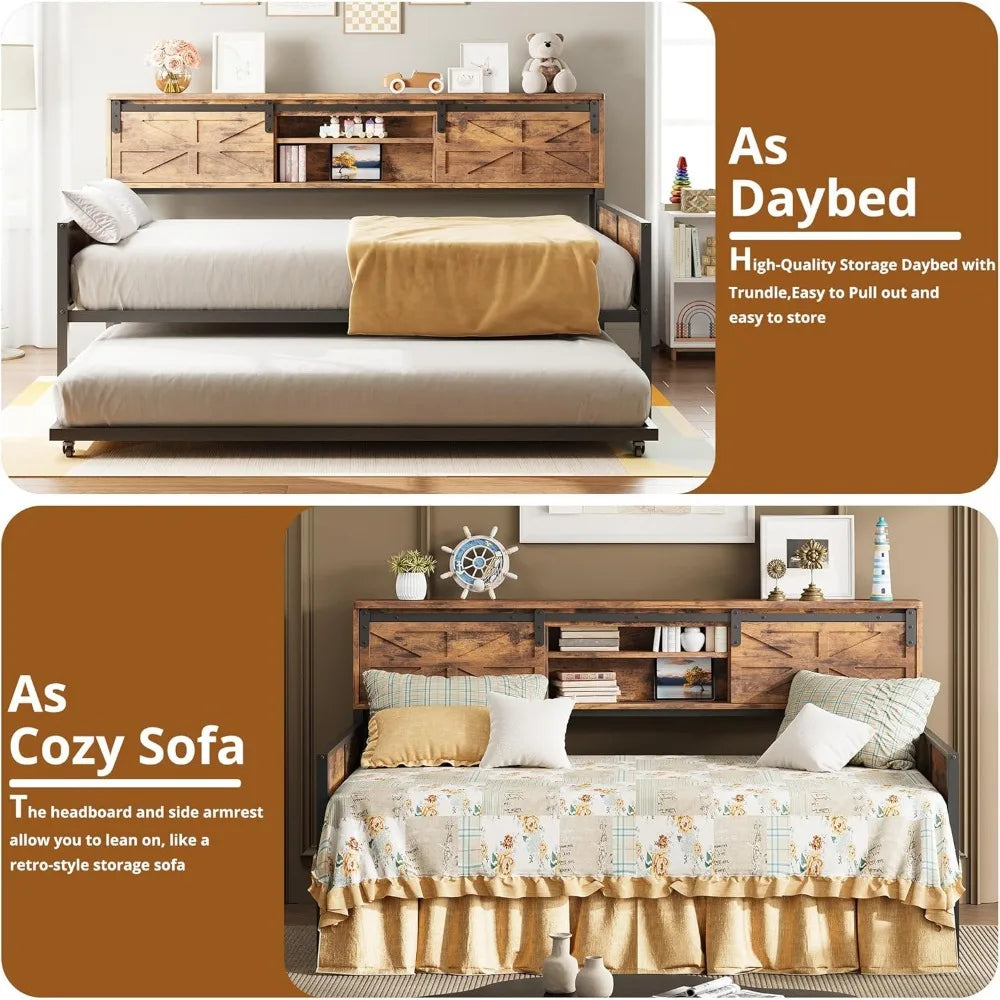 Daybed with Trundle, Rustic Bed Twin with Storage and Charging Station for Living Room, Bedroom and Guest Room